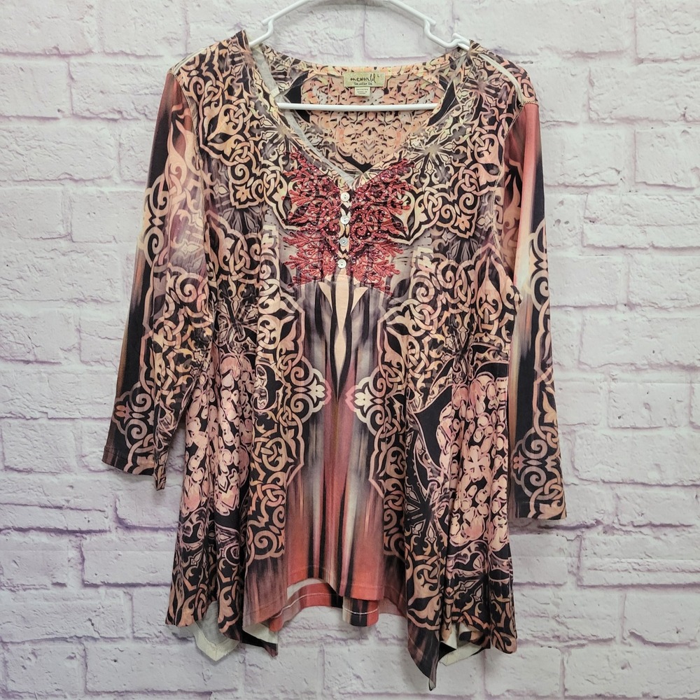 One World Boho Embroidered Beaded Blouse L Sharkbite Tunic Fairycore IndieSleaze